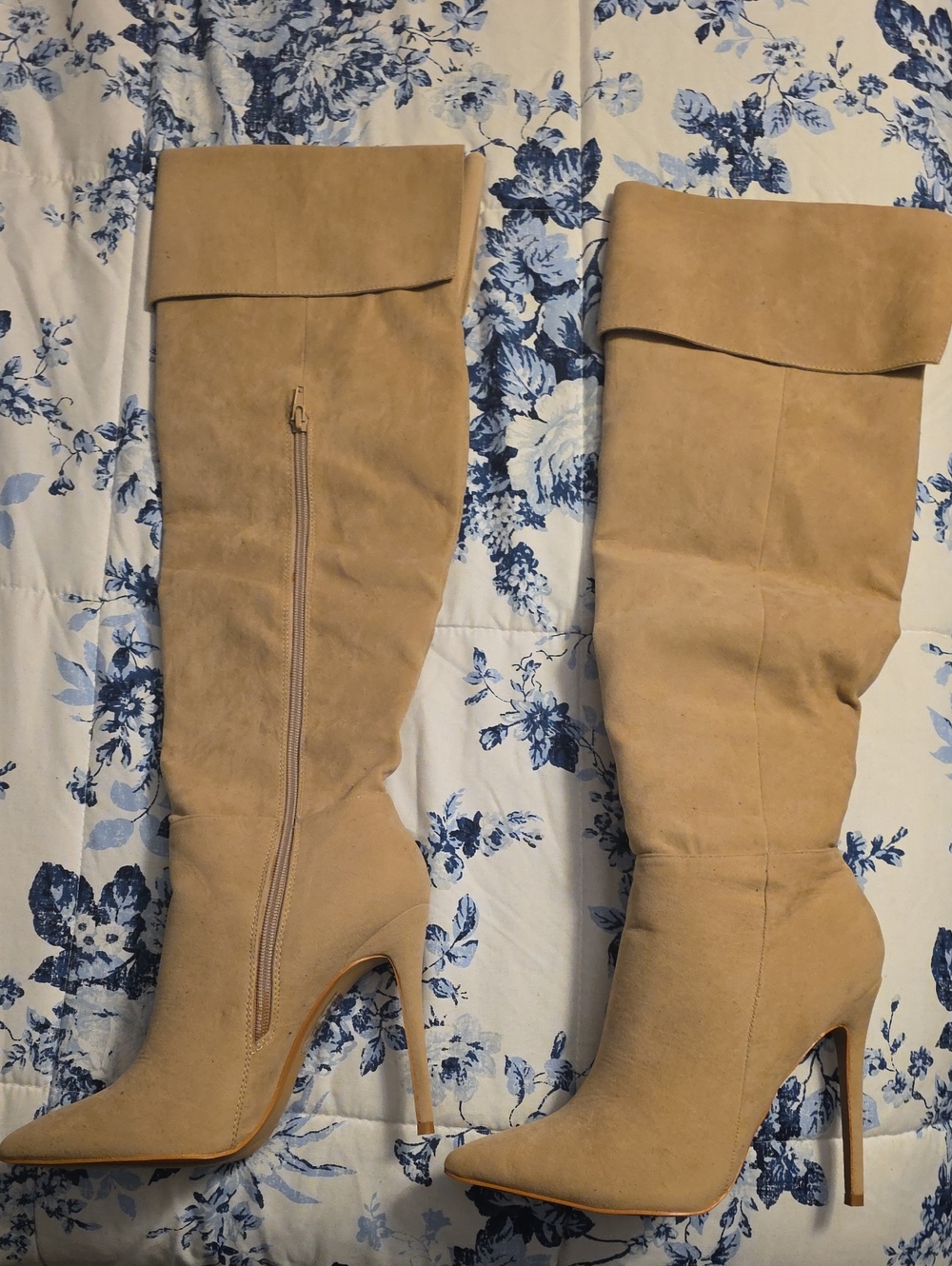 Miss Lola Beige Over-the-Knee Pointed-Toe Stiletto Boots